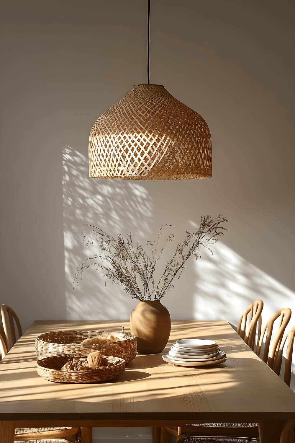 A large DIY pendant light, made from woven natural rattan, hangs over a minimalist wooden dining table. The pendant light casts intricate geometric shadows onto the neighboring eggshell-colored walls. The atmosphere is calm and inviting.