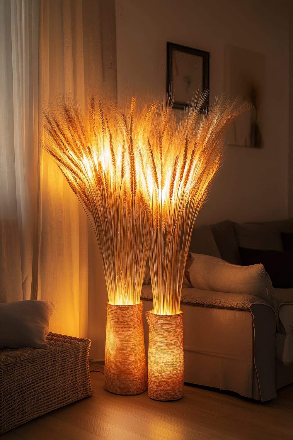 An interior room with two tall, cylindrical wicker baskets filled with illuminated wheat stalks, serving as decorative lamps beside a beige fabric sofa. The lighting creates a warm, ambient glow, enhancing the natural, earthy tones of the space. A woven wicker basket with a cushion is also visible next to the sofa, and partially obscured framed artwork hangs on the wall behind.