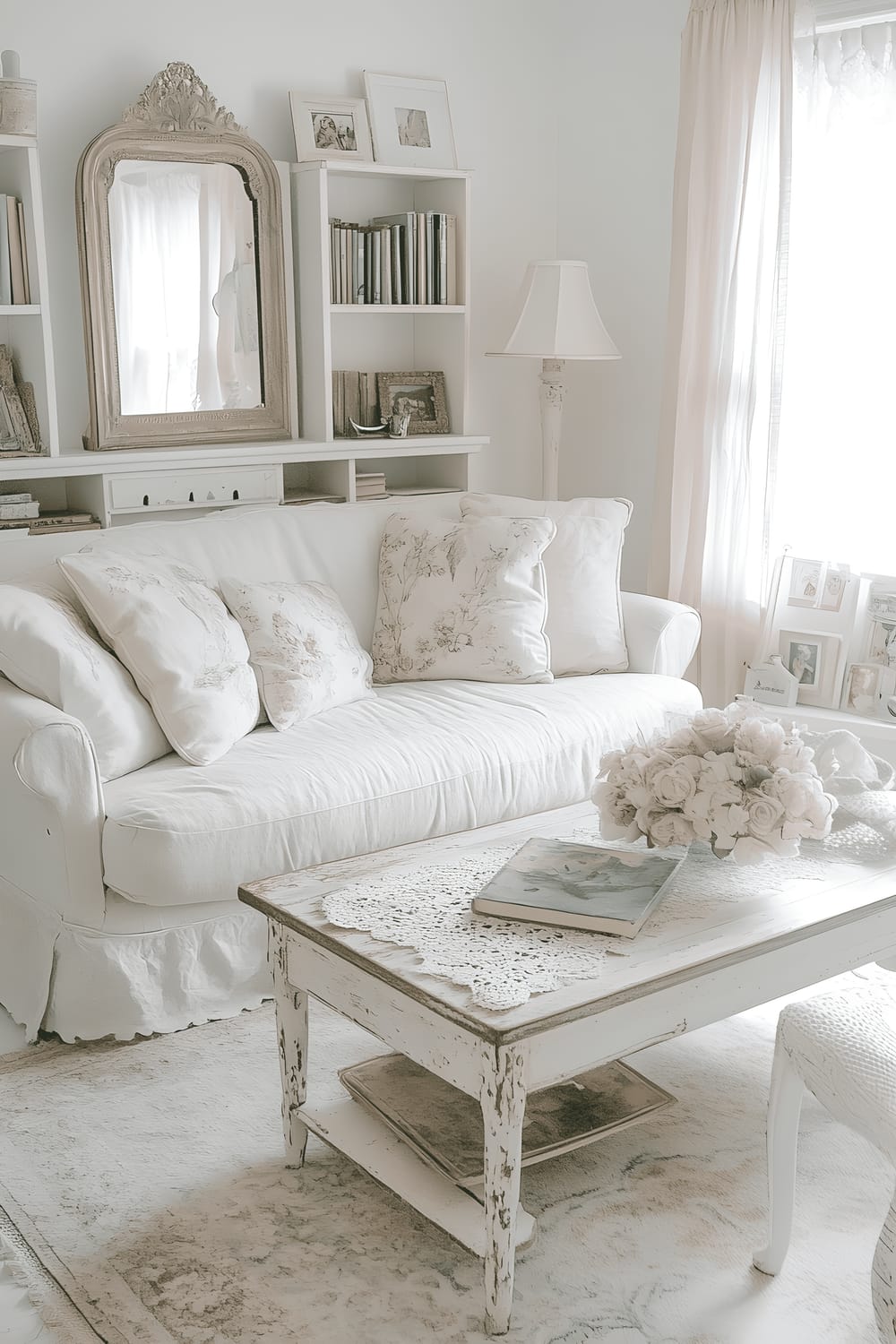 A small living room in shabby chic style showcasing a vintage white distressed sofa decorated with pastel floral cushions, alongside an antique wooden coffee table. A lace-trimmed area rug adorns the floor space, surrounded by a distressed white bookshelf, loaded with vintage books and decor. A large ornate mirror reflects the ambient light from a window dressed with sheer pink curtains. The room is painted in a soft pastel color scheme, with hints of gold adding charm.