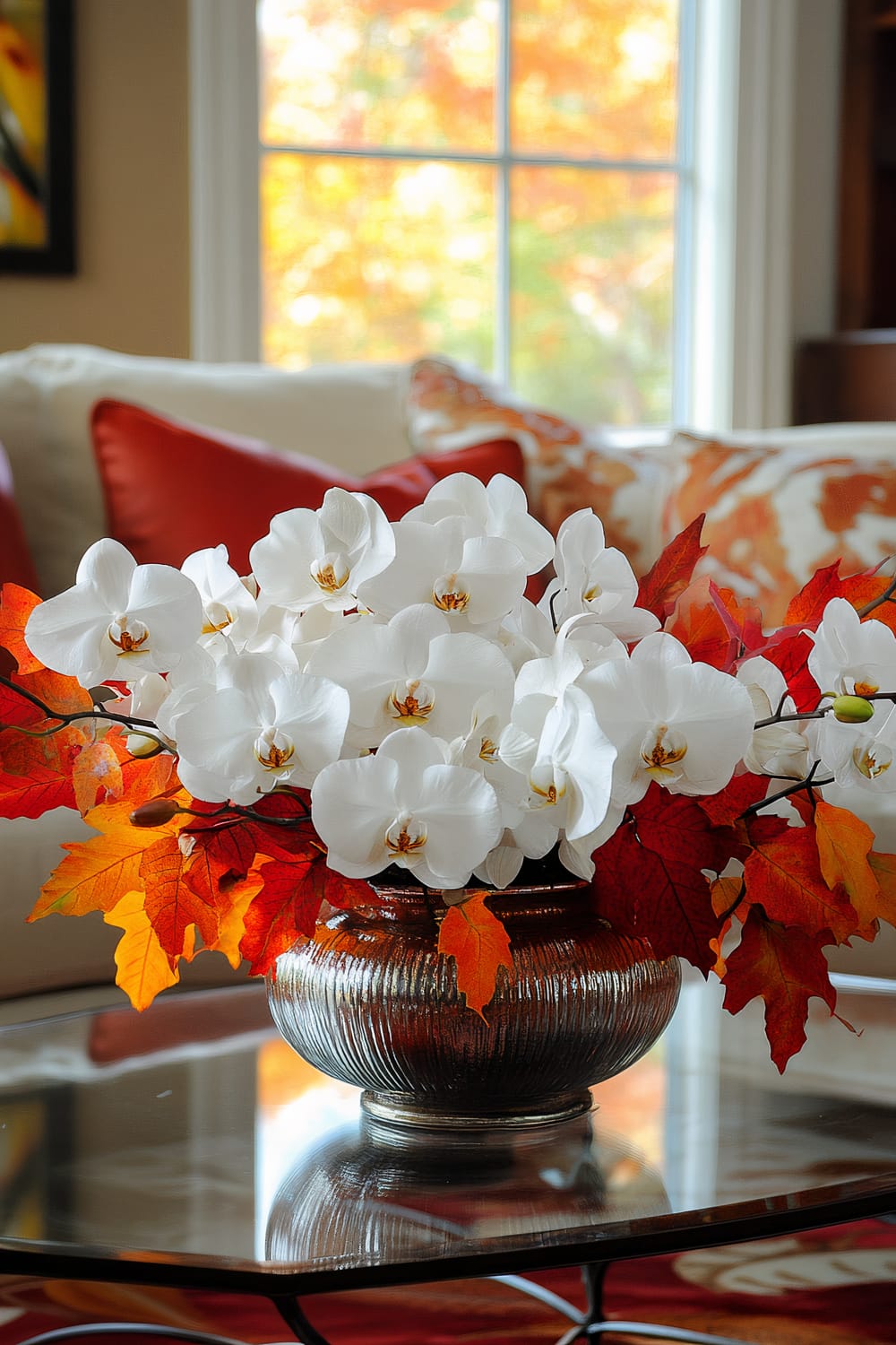 A glass coffee table features a bold arrangement of white orchids among red and orange leaves. The white flowers create a striking contrast against the vibrant fall colors. The background includes a blurred view of fall foliage through a window, and a couch adorned with red and orange pillows and cushions.