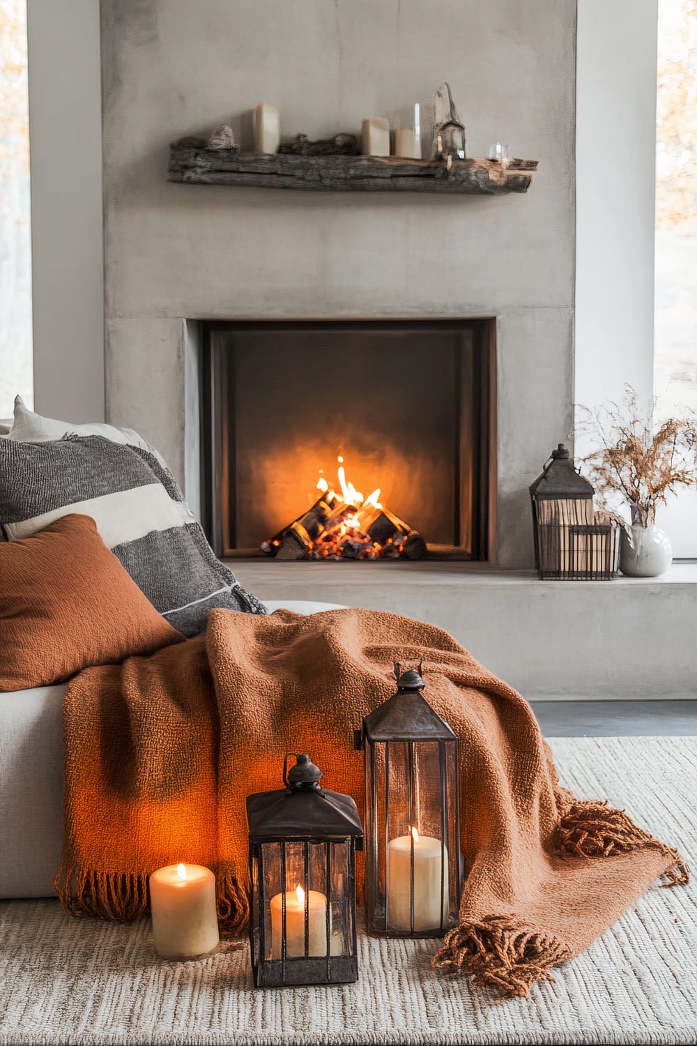 A living room interior showcases a lit fireplace with a soft, warm glow. Above it, a rustic wooden mantle holds a collection of neutral-toned candles and natural elements. In front of the fireplace, a beige sofa is adorned with pillows and a terracotta throw blanket, adding a splash of earthy color. The floor features a textured, light-colored rug, upon which sit two lanterns with lit candles, casting a gentle light that complements the scene.