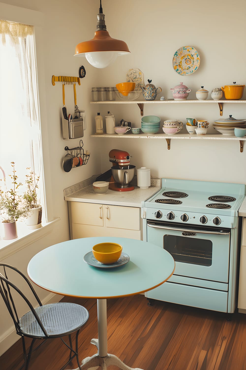 A high angle view of a vintage-inspired apartment kitchen featuring pastel-colored cabinets, an old-fashioned stove, and open shelving with colorful ceramic dishes. A small round table paired with two metal chairs sit beneath a singular pendant light, illuminated by the natural light filtering in from a window. The kitchen presents a mixture of modern design elements with vintage accents, creating a charming and nostalgic atmosphere.