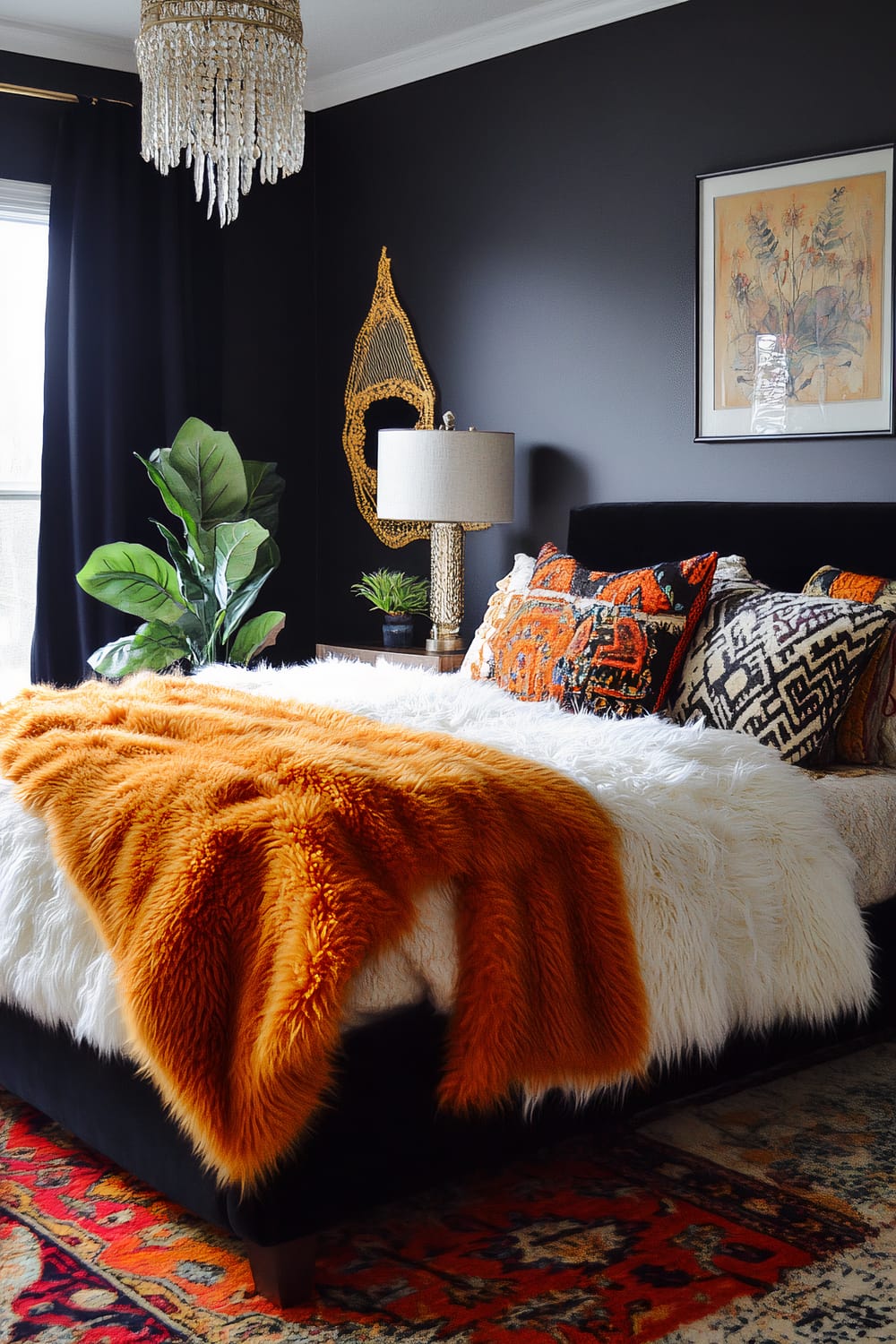 An eclectic bedroom features dark walls adorned with an art piece and a unique gold-framed mirror. A plush bed is dressed with white and orange furry blankets and ornate patterned pillows. Next to the bed, a textured lamp sits on a wooden nightstand, with a small potted plant and leaves adding a hint of nature. A crystal chandelier hangs from the ceiling over a colorful patterned rug that echoes the bed's vibrant decor.