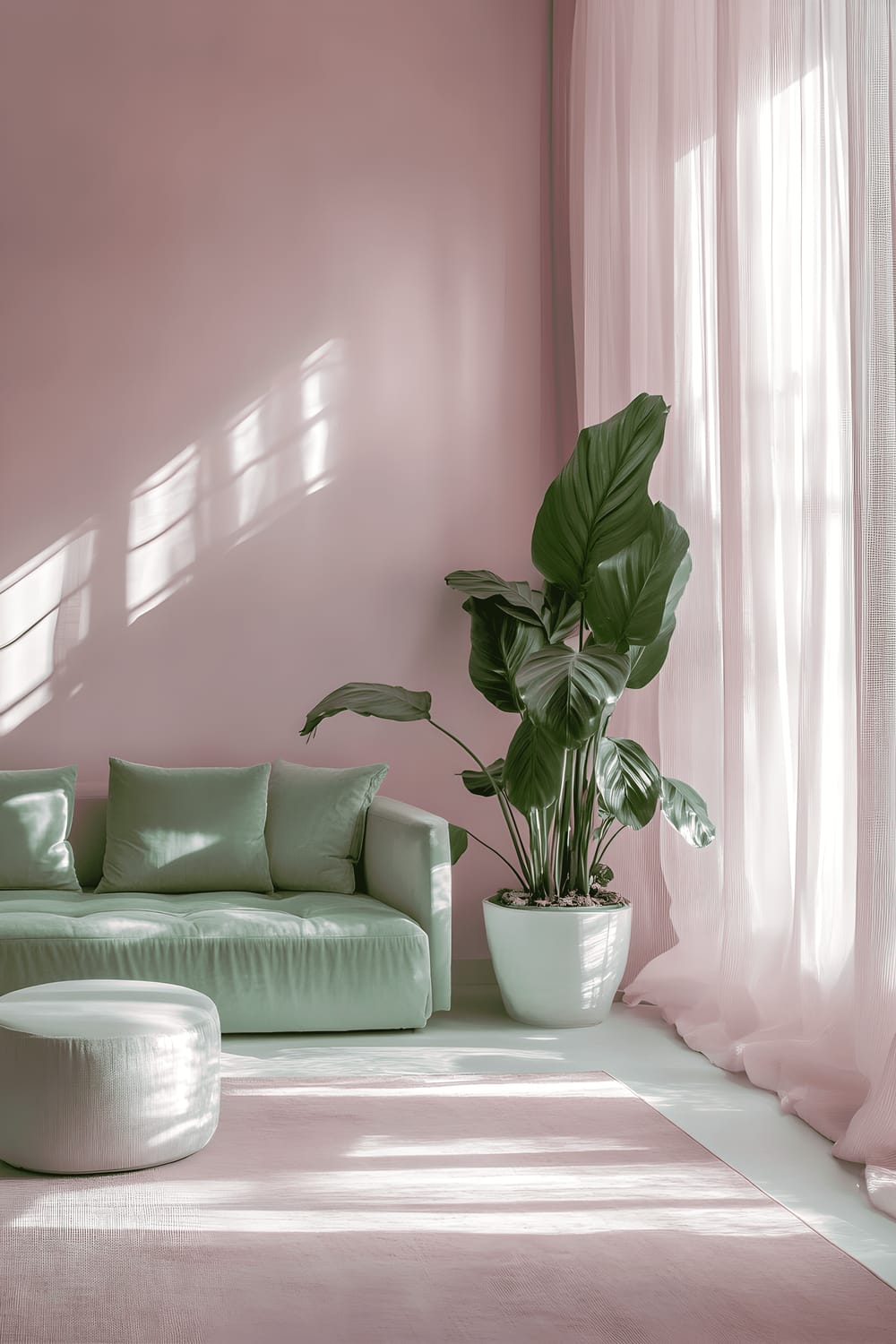 A minimalist living room featuring pastel pink walls, a bright mint green sofa, a soft pink rug, and a large, leafy Calathea Orbifolia houseplant. Sheer curtains are hung on the tall windows, letting in soft, diffused light that highlights the gentle pastel color scheme.