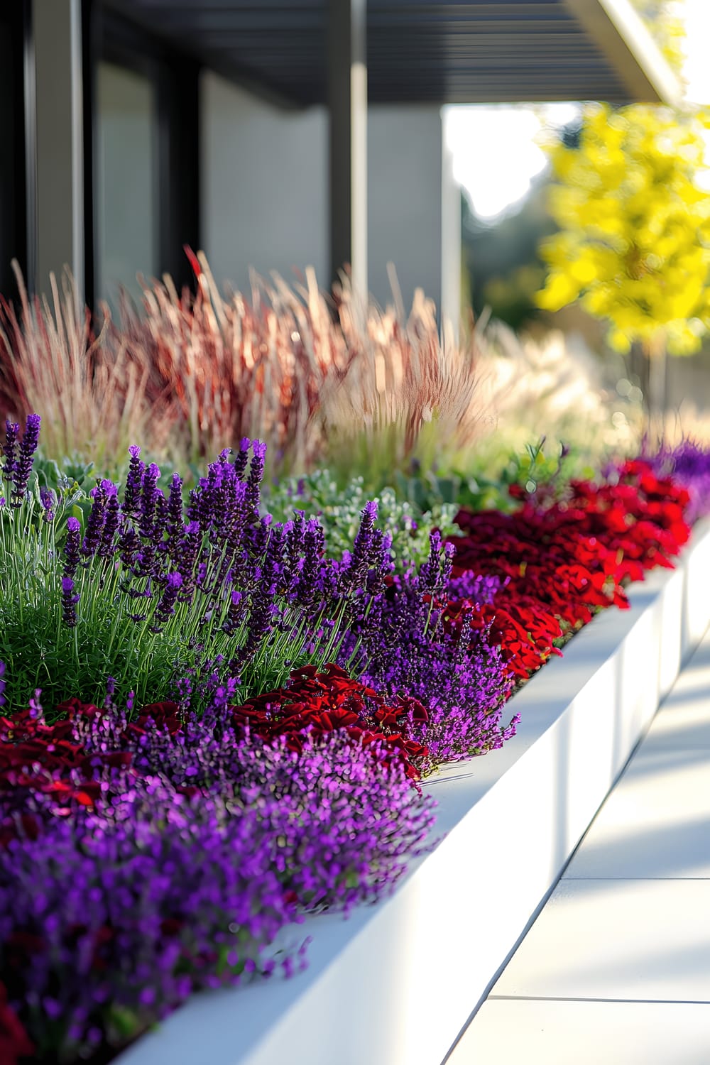 A modern and vibrant garden bed situated under the dappled light of a pergola. The garden showcases a multi-leveled design with creeping thyme and lavender as ground cover, a mid-level layer of striking red and purple salvia, and tall, waving ornamental grasses in the background. The garden arrangement is neatly defined by sleek, white metal edging.