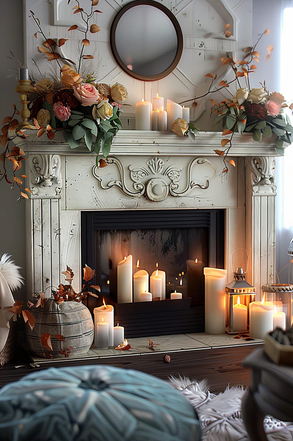 An elegantly decorated fireplace features an array of tall, white candles of varying sizes, casting a warm, inviting glow. The fireplace mantel is adorned with lush floral arrangements featuring roses and leafy greenery. A circular mirror hangs above, reflecting the soft candlelight. Fall leaves and branches are artfully integrated into the decor, matching the cozy autumn ambiance of the room. A pouf and other soft furnishings enhance the intimate, welcoming feel.