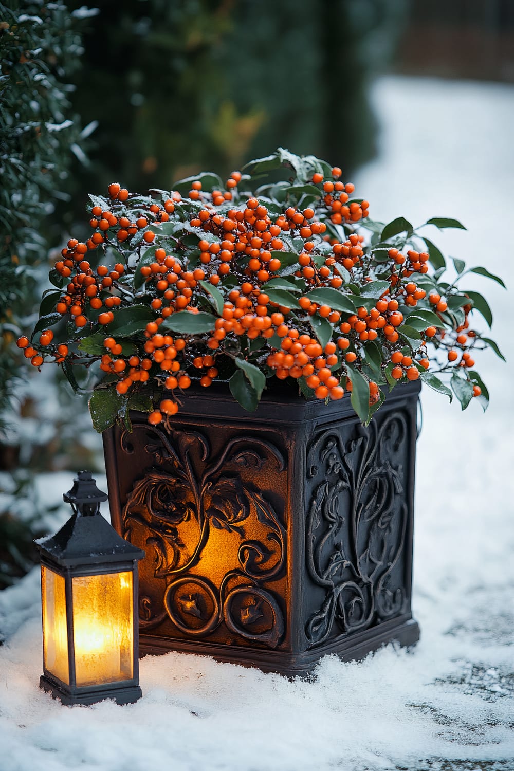 A wrought iron planter with intricate scrollwork is filled with branches of Red Firethorn, bearing vibrant orange berries and glossy green leaves. It is placed on a snow-covered gravel path, illuminated by a warm amber outdoor lantern placed nearby, enhancing the fiery appearance of the berries against the cool winter backdrop.