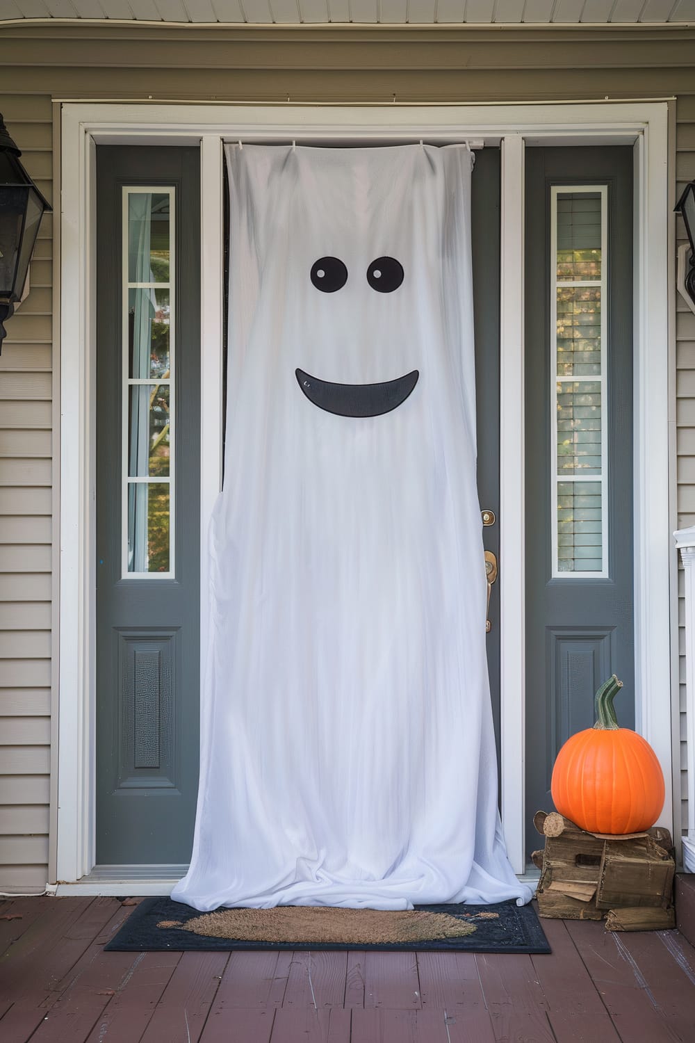 An exterior door of a house decorated for Halloween. A large, white sheet with black eyes and a smiling mouth covers the door, creating a friendly ghost appearance. To the right of the door is a small stack of firewood with an orange pumpkin placed on top. The house has light beige siding and two wall-mounted lanterns flanking the door.