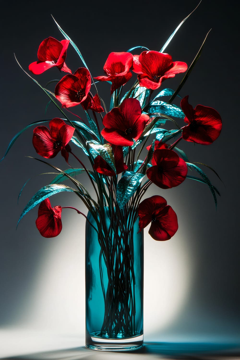 A sophisticated arrangement of crimson silk flowers intertwined with teal greenery in a clear glass vase, illuminated by gentle backlighting to create depth and emphasize the rich, contrasting colors.