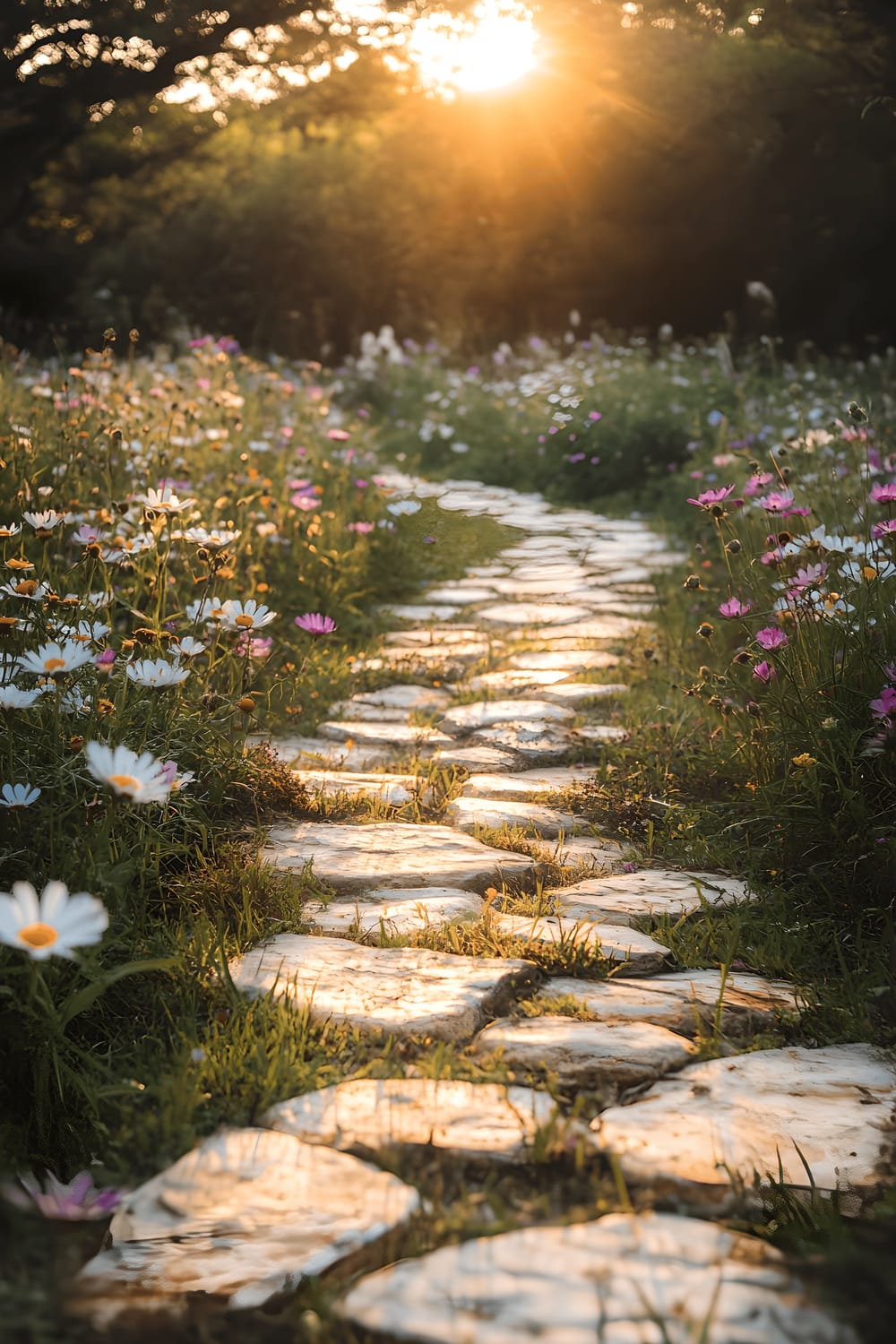 A rustic DIY stone pathway winds its way through a meadow filled with vibrant wildflowers in full bloom. The scene is bathed in a soft, golden sunlight that highlights the rich colours of the flowers and the rough texture of the stones. This creates a serene, natural atmosphere, with the untouched wildness of the meadow surrounding the carefully crafted walkway.