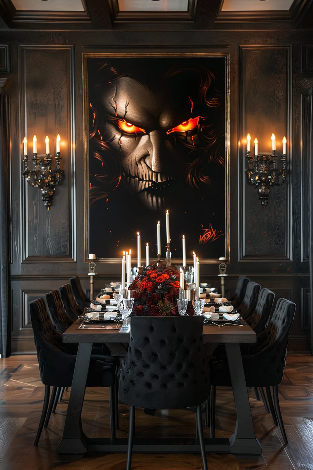 An ornately decorated dining room features a long wooden table set for a formal dinner. The table is adorned with tall white candles, clear crystal glassware, and a dark red floral centerpiece. Black high-backed, tufted chairs surround the table. The walls are dark paneled wood, with wall sconces holding multiple lit candles. A large, eerie painting of a face with glowing orange eyes hangs on the back wall.