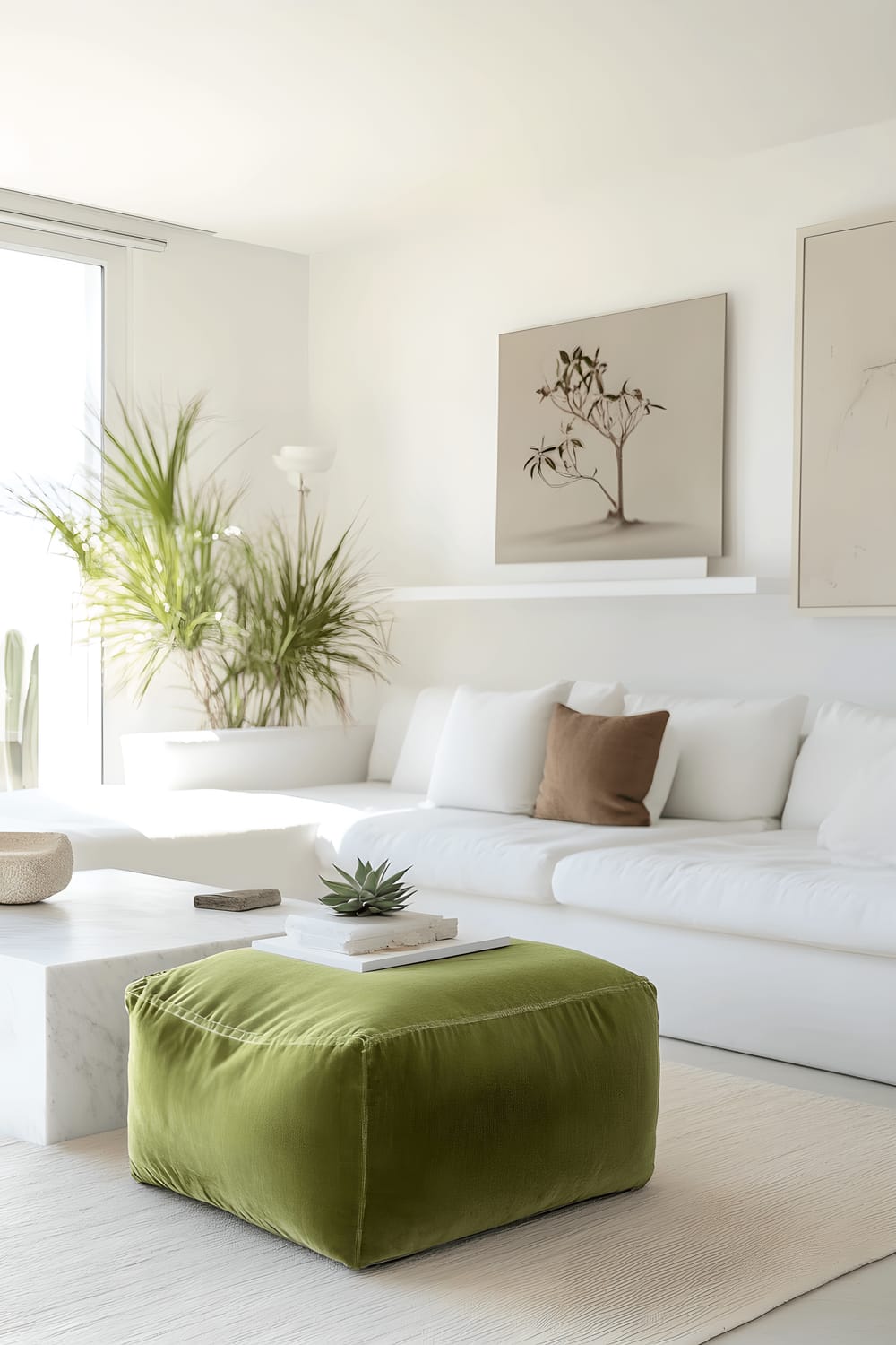 An image depicting a modern, minimalist living room in an all-white color palette, oriented at a 2:3 aspect ratio. Interior elements include a low-profile white sofa, a white marble coffee table, wall-mounted white shelving with minimalistic decor, and a standout lime green pouf. Windows exude ample natural light, and white adjustable lamps amplify this luminosity. Indoor succulents in white geometric planters offer subtle color contrast, emphasizing the lime green pouf.