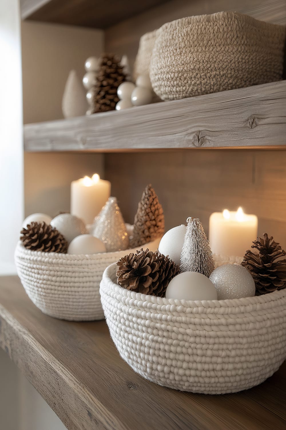 A set of white woven baskets on a rustic wooden shelf, filled with holiday-themed decor items including pinecones, white ornaments, and miniature Christmas trees. The shelf is softly lit by natural and ambient lighting, with candles adding to the cozy atmosphere.