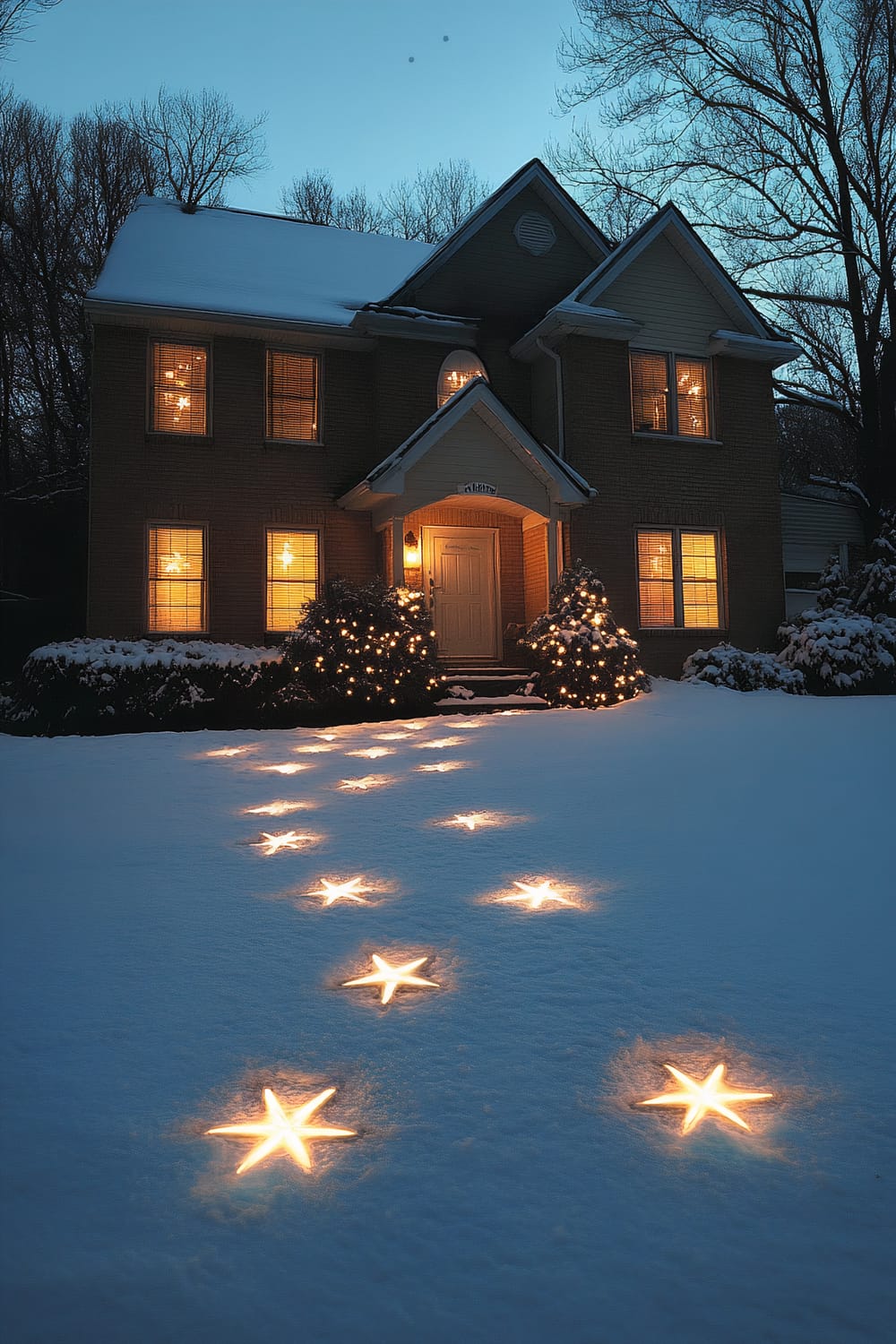 A two-story house is pictured at dusk with a snow-covered lawn. Warm lights are visible through the windows, and a pathway of glowing star-shaped lights leads up to the entrance, highlighting a festive atmosphere.