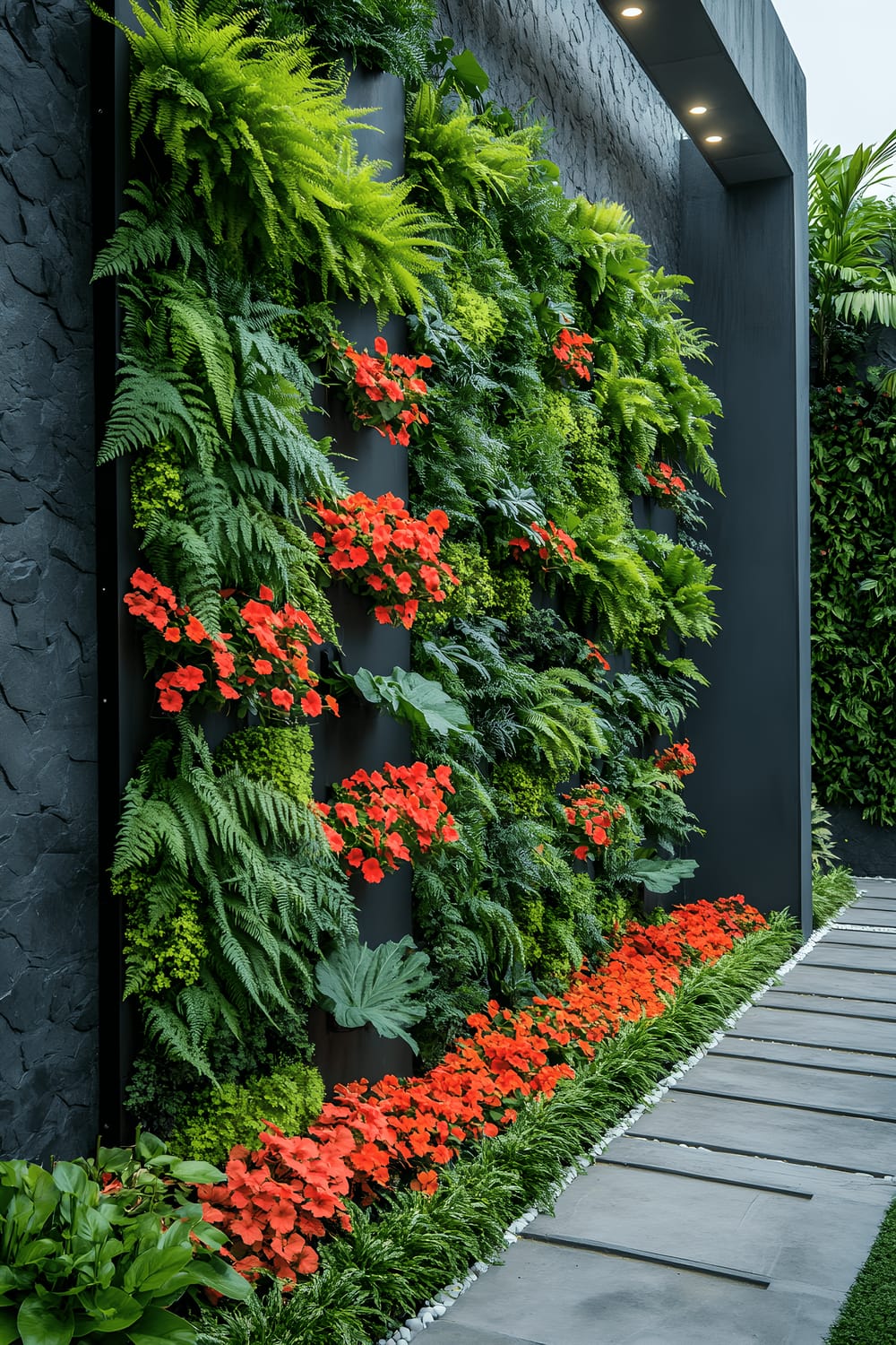 A modern vertical garden wall in a spacious outdoor space, illuminated by integrated LED lighting. The wall is a striking showcase of a variety of vibrant plants, including lush green ferns, colourful geraniums, petunias, and cascading ivy, all housed in sleek black modular planter units. Minimalist stone pathways run alongside the lush botanical display.