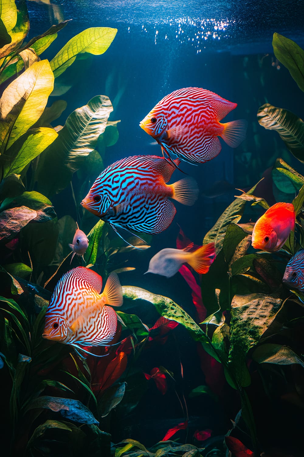 An illuminated fish tank showcasing a vibrant aquatic garden with vividly colored fish, including discus and tetras, swimming among lush green plants and striking red aquatic flowers. The tank is lit with dramatic blue lighting that casts glowing highlights and deep shadows, emphasizing the tank's vibrant colors and dynamic setting.