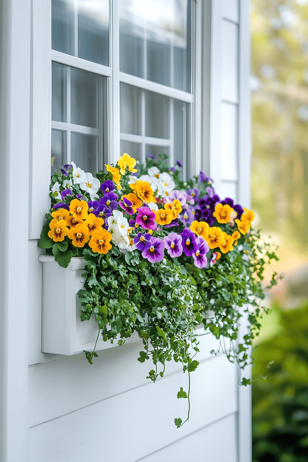 A bright white window displaying a lush window box filled with vibrant spring flowers like pansies, violas, and daffodils. The blooms are assorted in colors, illuminated by daylight and enhanced with the greenery of ivy plants.