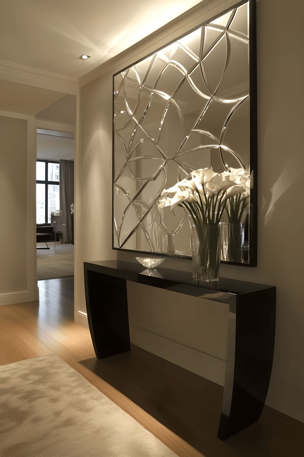 A modern Tokyo entryway featuring a hardwood floor covered partially by a neutral-toned runner rug. A sleek black console table is set against the wall, supporting a minimalist vase holding white lilies. Above it, a large Art Deco-style mirror with intricate geometric patterns dominates. A wall-mounted lamp on the right sheds soft ambient light, enhancing the mirror's pattern.