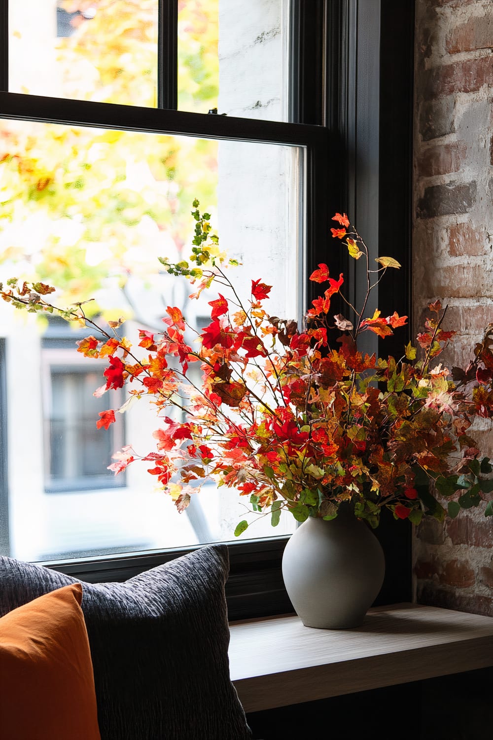 A visually appealing interior scene featuring a minimalist setup. A vase filled with vibrant red, orange, and yellow autumn leaves is placed on a wooden windowsill beside a brick wall. Next to the vase are black and orange throw pillows, suggesting a seating area. The window in the background provides a view of the blurred outdoors, indicating a bright, sunny day with trees in autumn colors.