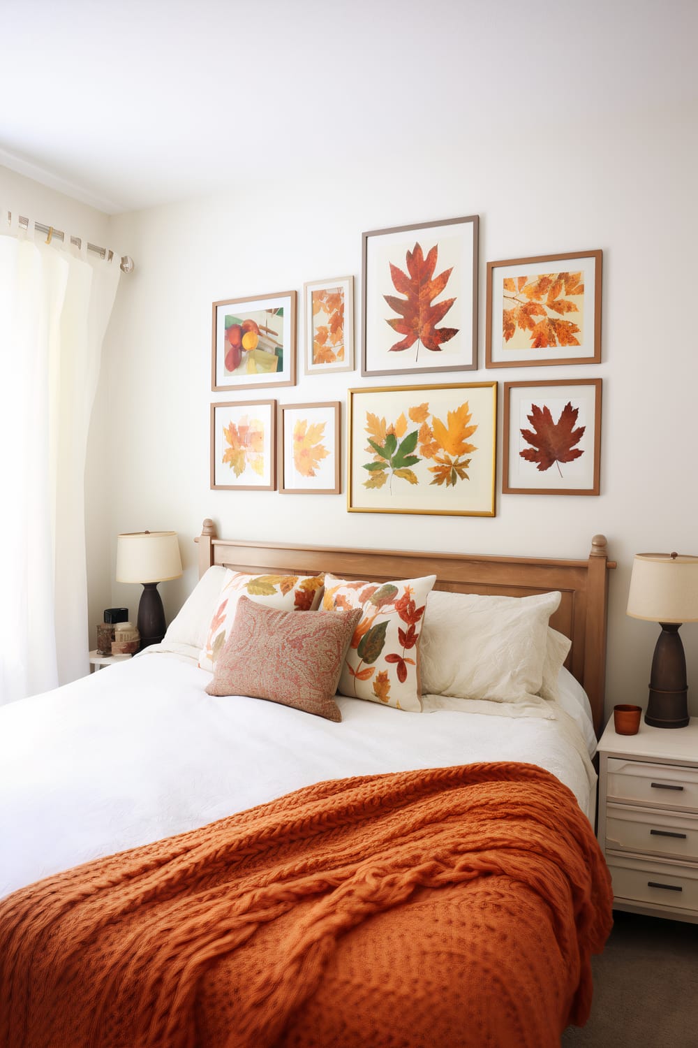 This image shows a cozy bedroom decorated in fall colors. The white bed features an orange knitted blanket and pillows with fall-themed designs. Above the bed are various framed pictures of autumn leaves. The room has white walls, wooden furniture, and natural light coming through white curtains.