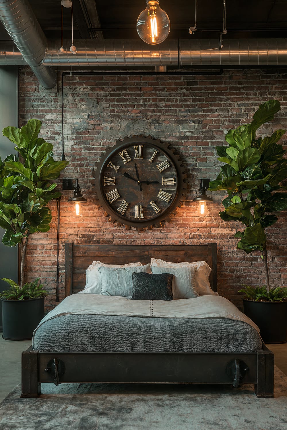 An industrial loft-style bedroom featuring a metal-framed bed with a reclaimed wood headboard. The bed has grey coverings with white pillows and a dark accent pillow. There are two tall fiddle leaf figs in black pots positioned on either side of the bed. The backdrop is an exposed brick wall with a large metal gear clock hanging above the headboard. Overhead, an Edison bulb pendant light emits a warm glow. The room has visible metal air ducts accentuating the industrial theme.