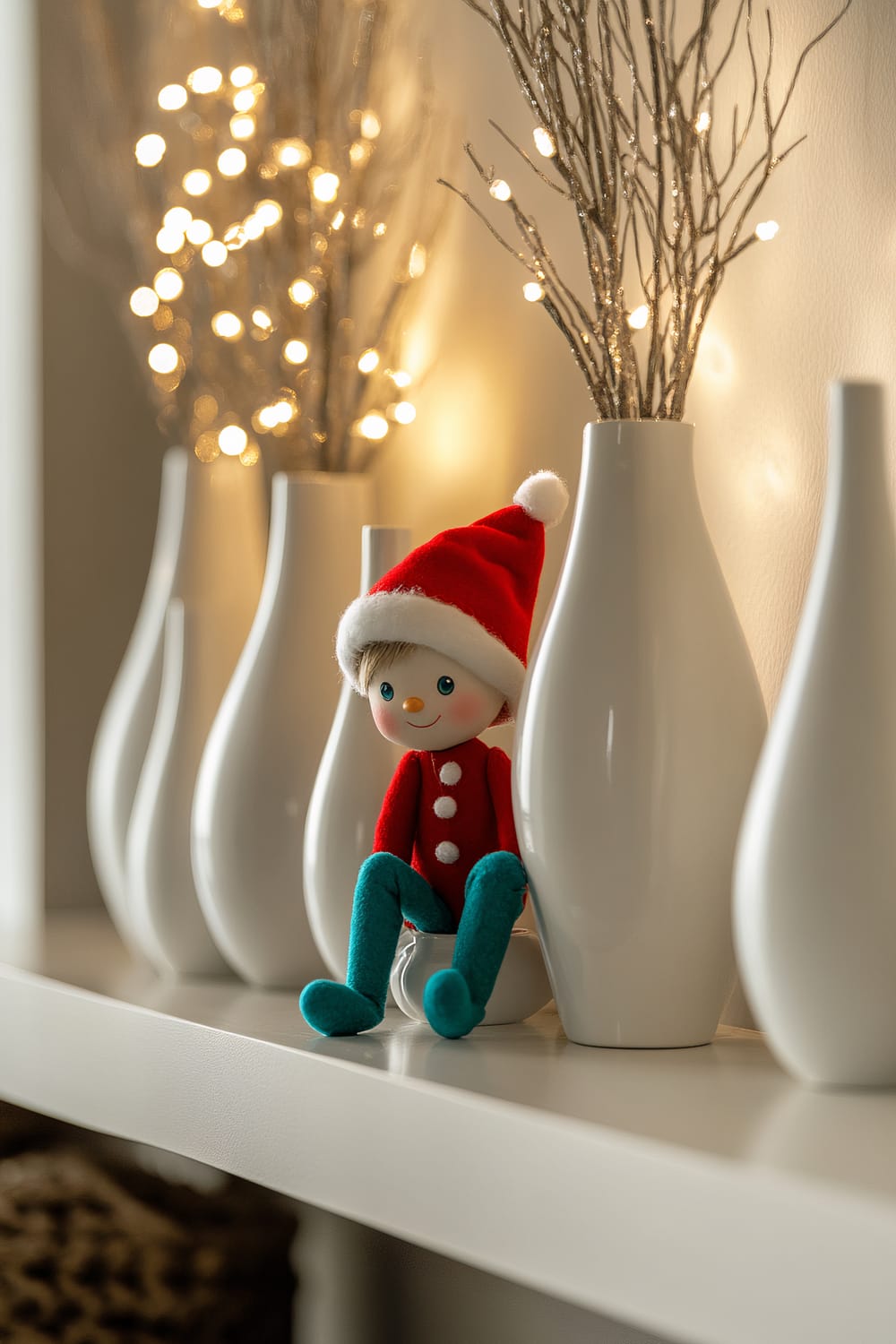 A playful Elf on the Shelf doll is sitting among white ceramic vases on a modern console table. The elf is dressed in a red outfit with a Santa hat and bright teal accessories. The background features decorative branches with warm white lights, enhancing the festive atmosphere.