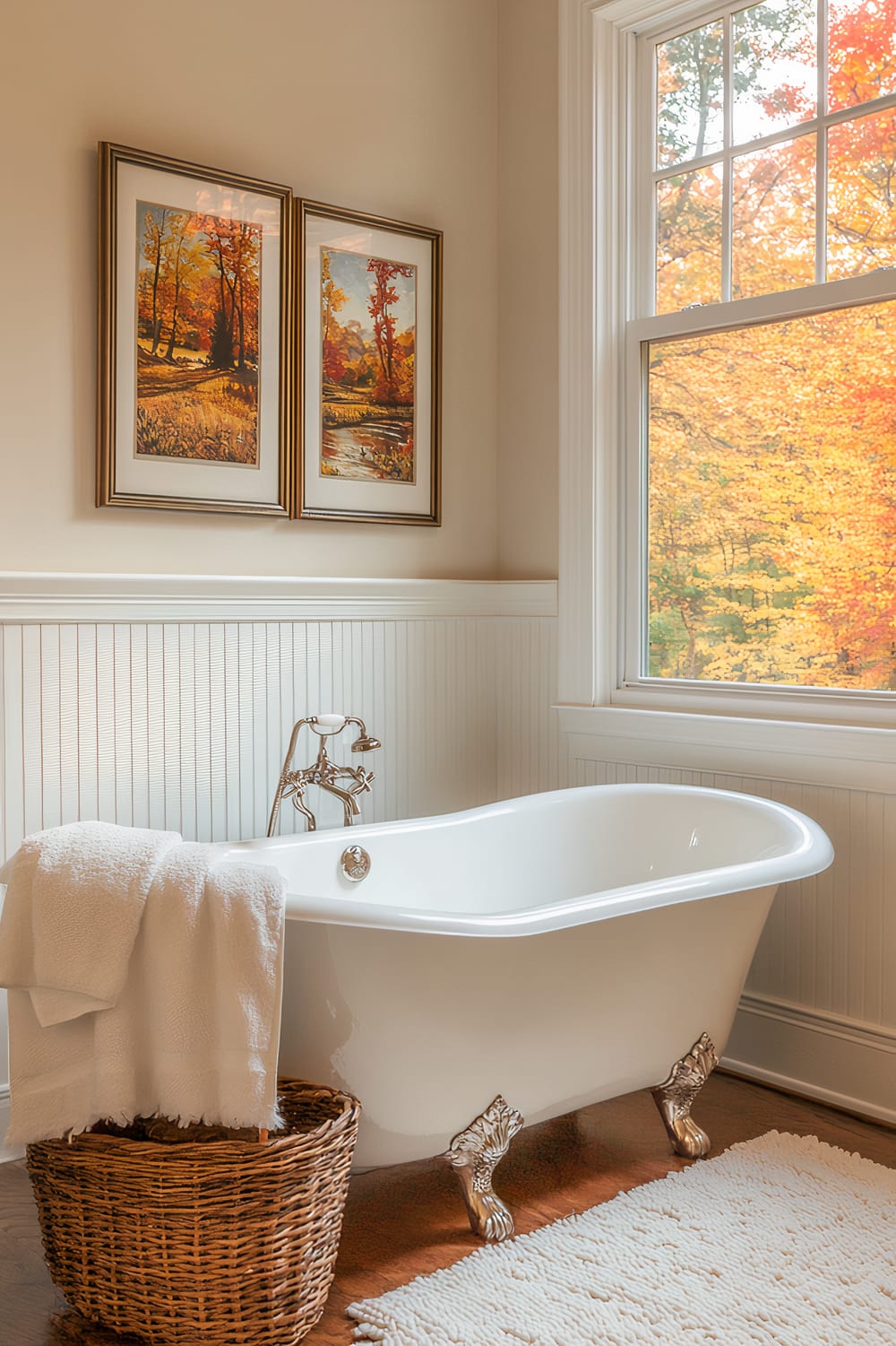 An elegant bathroom features a clawfoot bathtub with polished metallic feet positioned beside a large window that frames a view of vibrant autumn foliage. Above the bathtub, two framed paintings of autumn landscapes hang on a wall paneled with white wainscoting. A wicker basket containing white towels sits beside the bathtub, complemented by a soft white mat on the wooden floor.