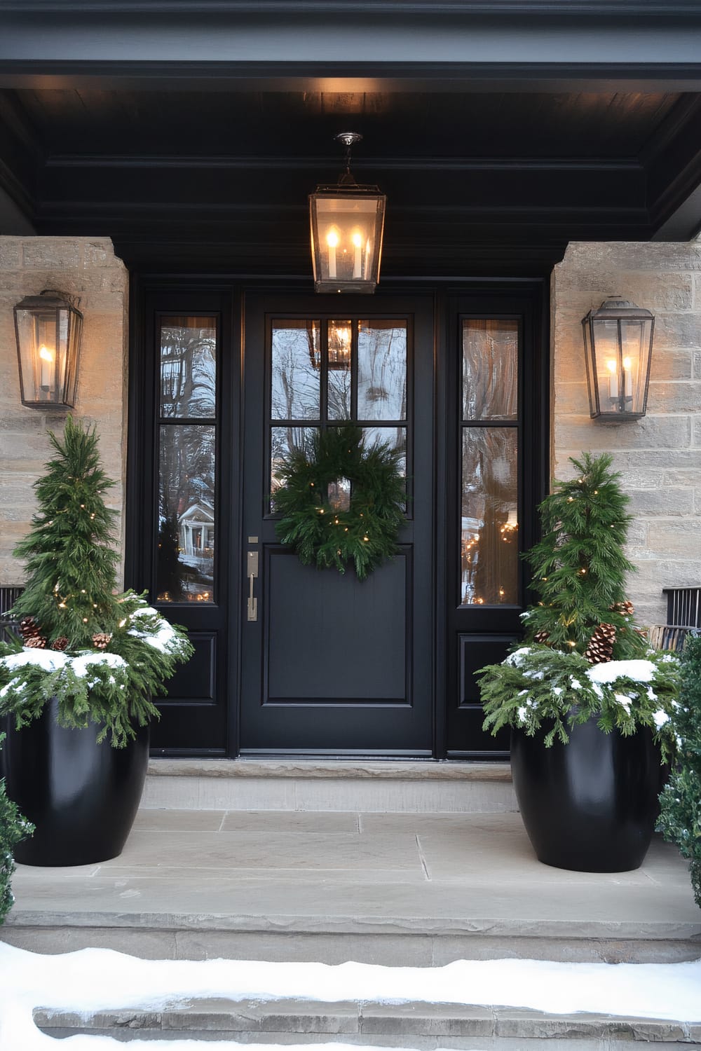 An elegant, festively decorated entrance features double black doors with six glass panes each, framed by large, stone brick walls. Twin black lantern-style lights are mounted on either side of the door, and a matching ceiling lantern illuminates the entryway from above. A lush green wreath adorns the center of the door. Large black planters flanking the door hold verdant evergreen shrubbery, accented with pine cones and a light covering of snow. The steps leading up to the door are covered with a light dusting of snow, enhancing the wintry atmosphere.