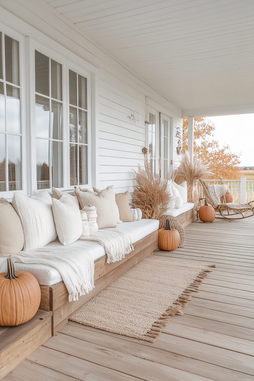 A charming front porch adorned with white wooden siding and a matching ceiling. A built-in wooden bench stretches along the wall, topped with white cushioned seating and an assortment of cream and beige pillows. Neutral-toned throws and rustic decor items, including pumpkins and tall dried grasses, enhance the autumnal theme. A natural jute rug partially covers the wooden floorboards, with additional fall decorations, such as pumpkins and a wicker rocking chair, creating a tranquil and inviting atmosphere.