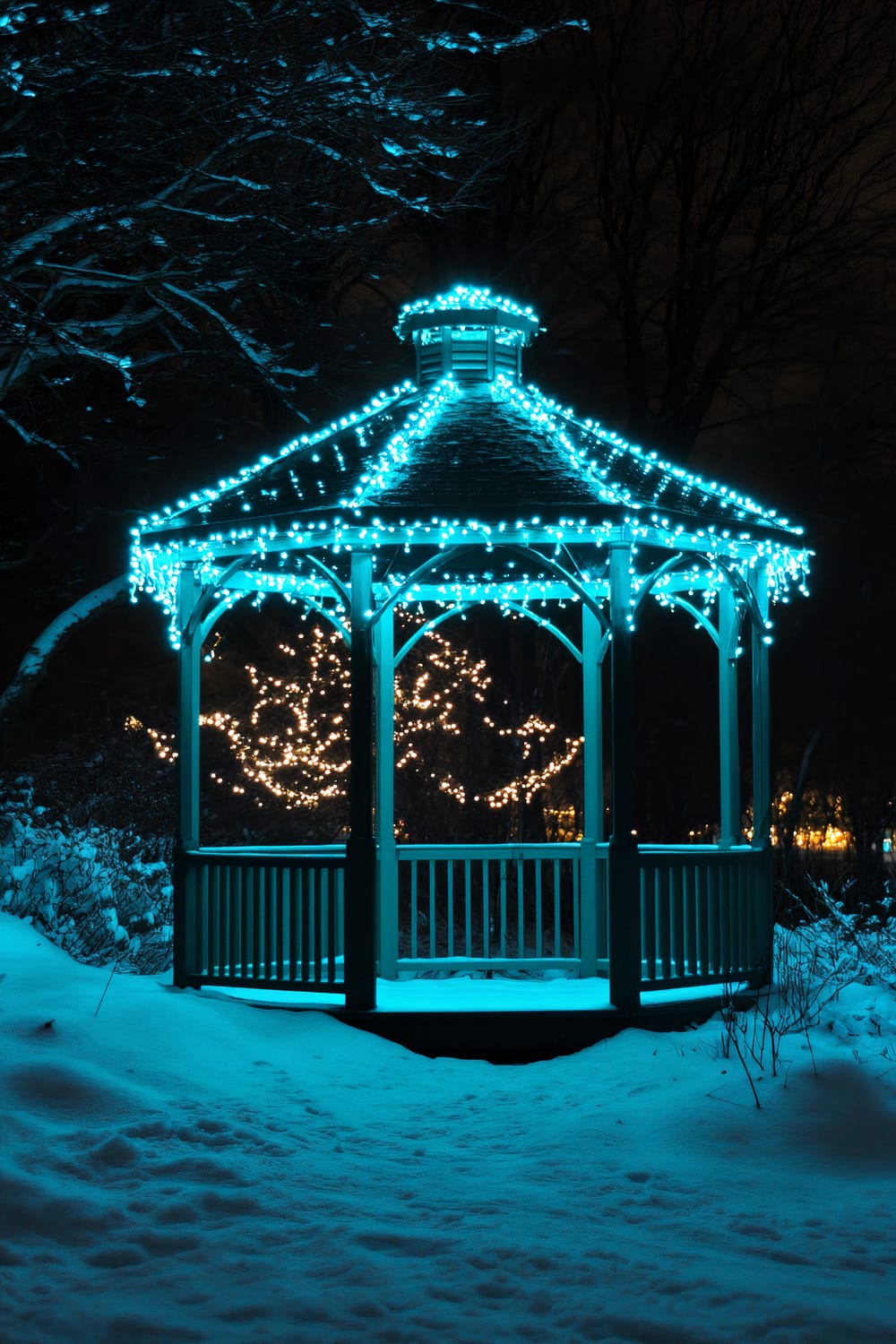 A gazebo is festooned with blue string lights, standing amidst a snow-covered landscape at night. The lights illuminate the structure and the surrounding snow with a gentle blue glow. In the background, trees adorned with white string lights contribute to the wintry, festive atmosphere. The scene is serene and enchanting, with the gazebo serving as a focal point amid the dark silhouettes of the trees.