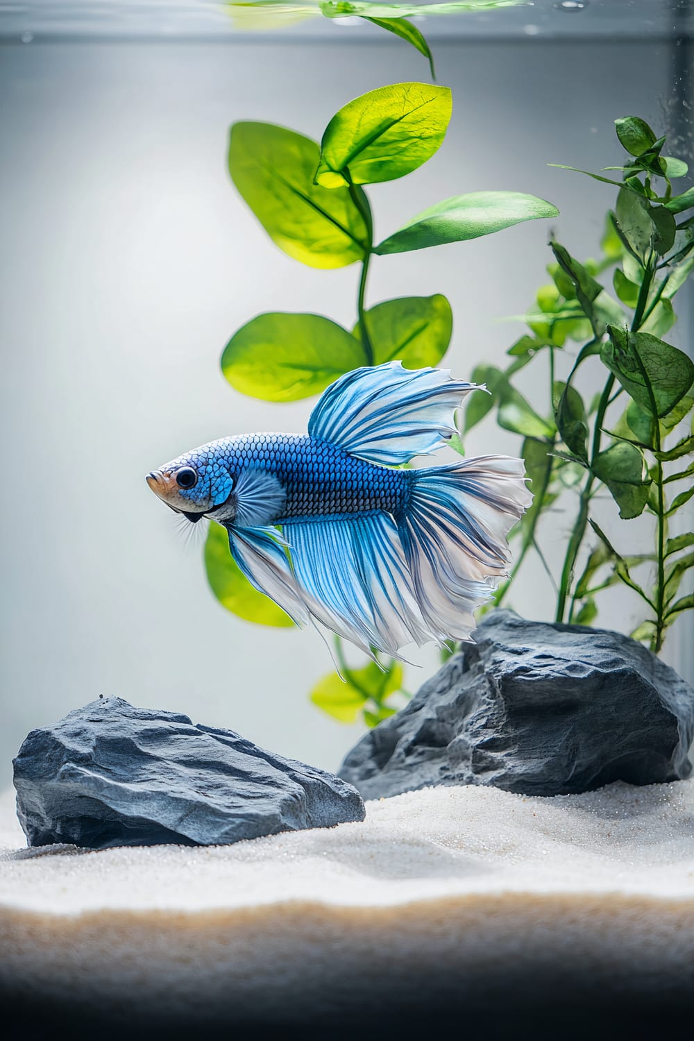 A tranquil betta fish tank with fine white sand, a few gray rocks, and small, leafy green water plants. A vibrant blue betta fish swims gracefully in this minimalist setup. Soft, natural lighting highlights the striking contrast between the fish and its peaceful environment.