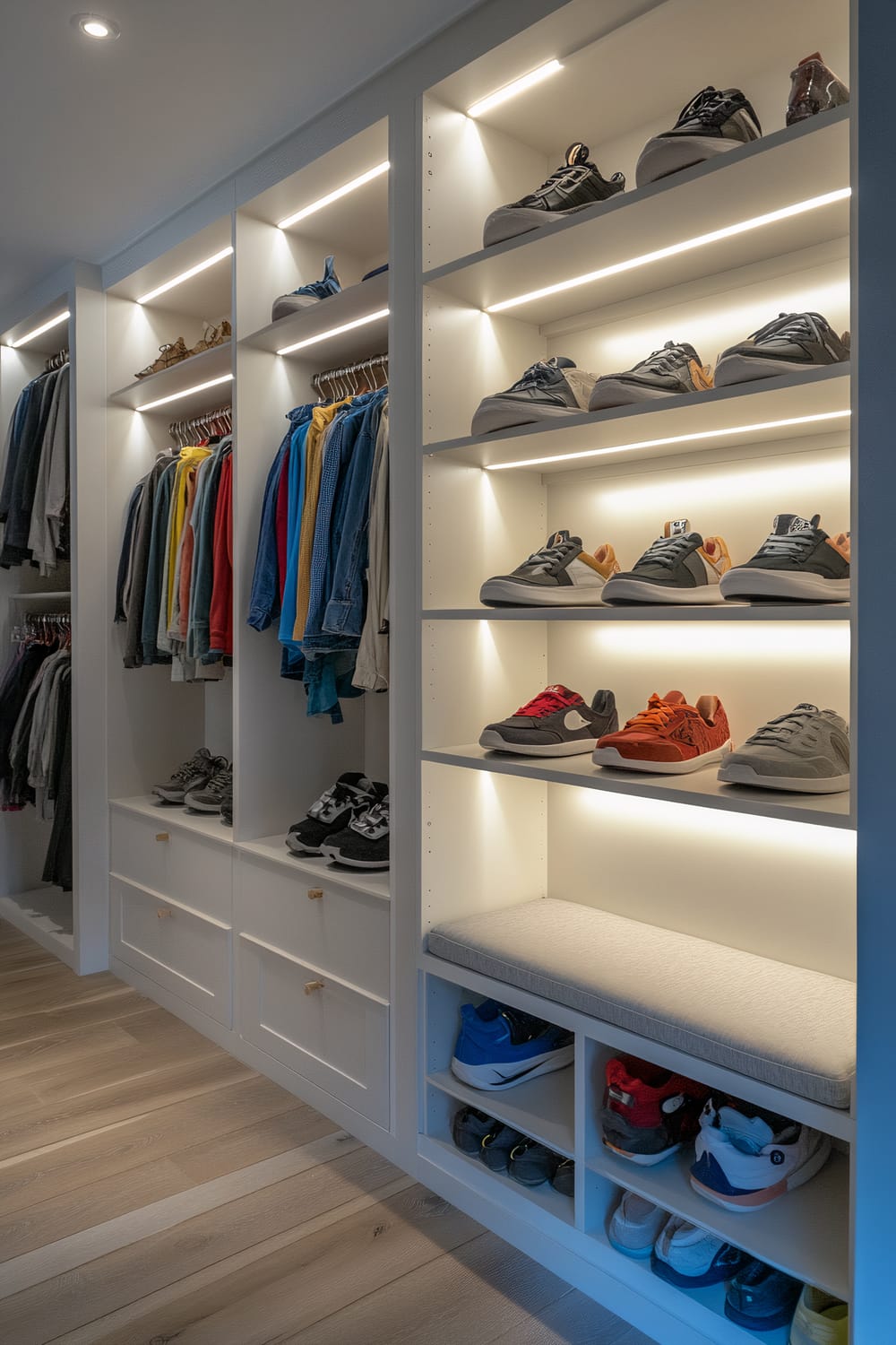 A walk-in closet designed for a pre-teen, featuring organized clothes and shoes. Sneakers are displayed in built-in cubbies with LED lighting, creating a showcase effect. Clothes hang neatly on rods and shelves line the walls. Below the shoe wall is a cushioned bench with storage underneath.