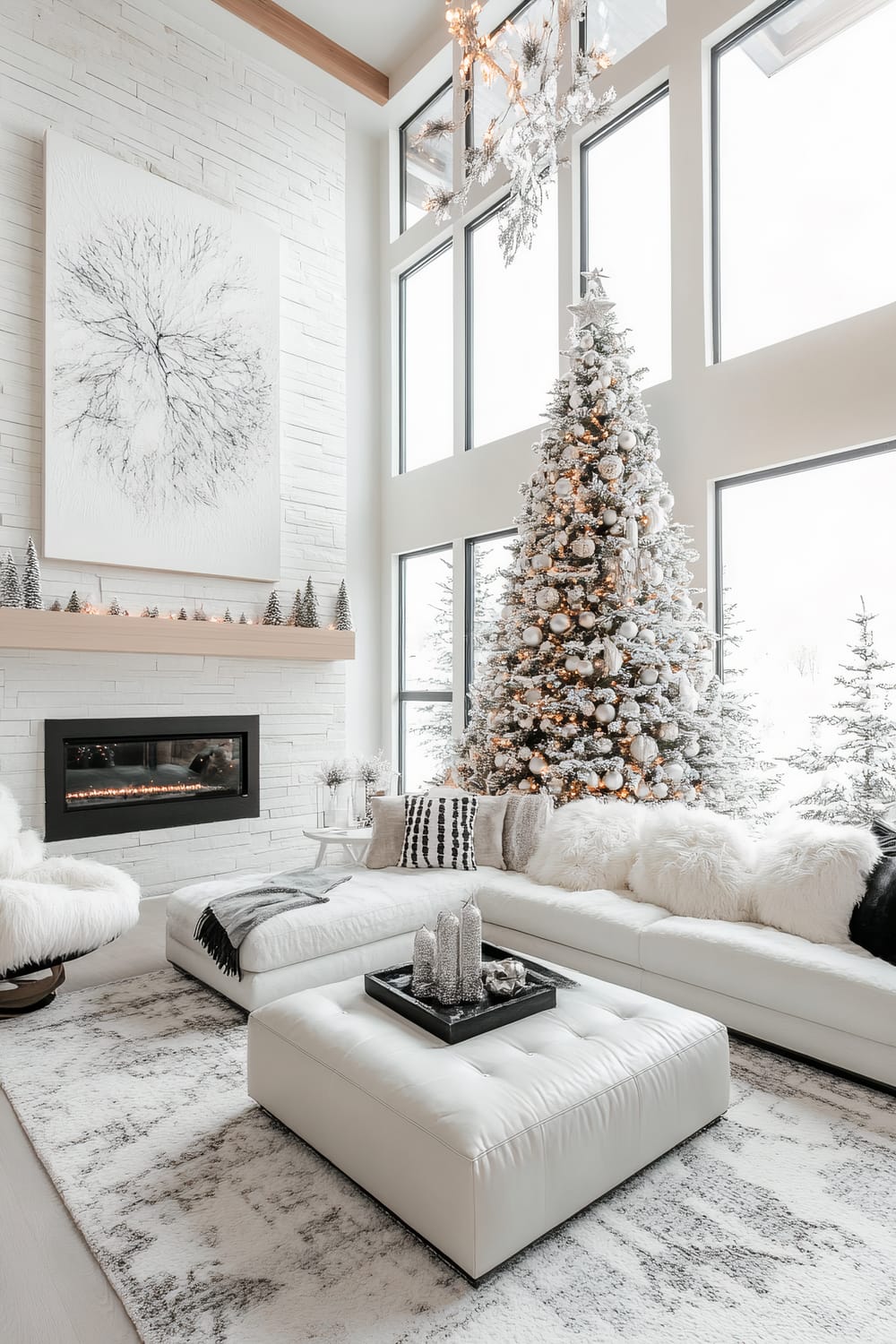 A modern living room designed in a winter theme, featuring a large white sectional sofa with an assortment of black, white, and grey pillows. The room is adorned with a tall, snow-dusted Christmas tree decorated with white and silver ornaments, positioned by large floor-to-ceiling windows framed in black. A light-colored stone fireplace is set into the white brick wall, topped with small decorations in the form of miniature Christmas trees. A large abstract piece of art hangs above the fireplace. A white plush chair is nestled in the corner, and a tufted white ottoman in the center displays a tray with silver candles and ornaments. The floor is covered with a white and grey textured rug.