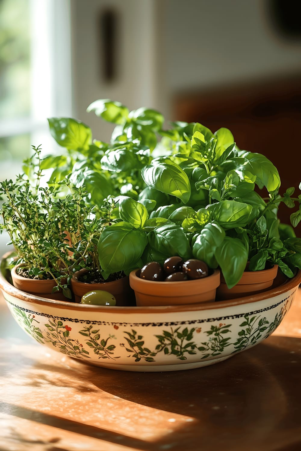 A detailed image of a rustic Italian countryside-inspired centerpiece on a kitchen table. The centerpiece features a large ceramic bowl filled with fresh, green herbs such as basil, oregano, and thyme. Scattered around the bowl are olive branches and small terracotta pots filled with olives and cherry tomatoes. Everything is arranged on a hand-painted ceramic platter presenting traditional Italian patterns. Bright, natural lighting illuminates the vibrant greenery and earthy terracotta tones, capturing the warm essence of the Italian countryside.