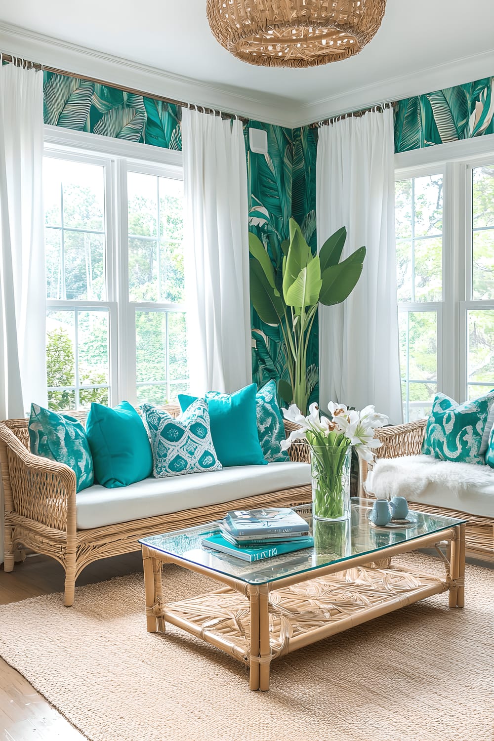 A vibrant, tropical-inspired living room featuring lush green walls adorned with botanical wallpaper. A light-toned wicker sofa sits with bright teal cushions upon it, artistically arranged on a bamboo floor. Above it, a unique rattan chandelier takes a graceful bow. The glass coffee table stands in the middle with a stunning centerpiece of fresh orchids. Adding finishing touch are large windows draped with white linen curtains, soaked in streaming natural sunlight that bathes every corner of the room.