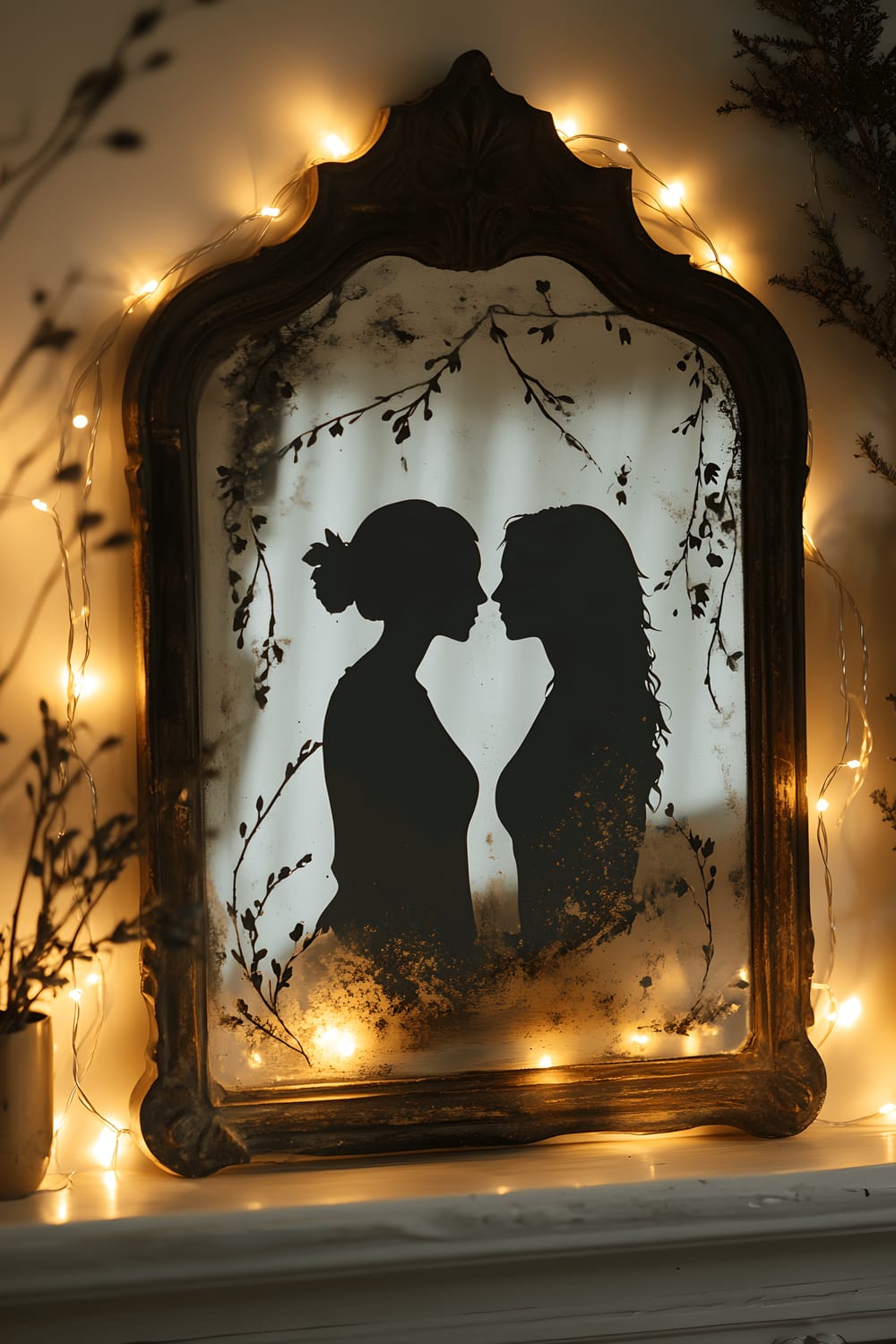 A distressed vintage mirror frame featuring the silhouette of a couple set against a clear, flat panel, displayed on a light oak mantel. The frame is delicately adorned with twinkling fairy lights that cast a soft, inviting glow on the frame and the mantel.