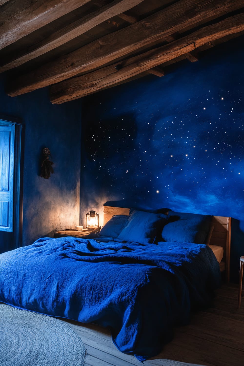 A rustic bedroom features a bed with dark blue bedding and pillows, positioned against a deep blue wall painted to resemble a starry night sky. A lantern on a bedside table emits a warm glow, and a wooden ceiling with exposed beams adds to the room's charm.