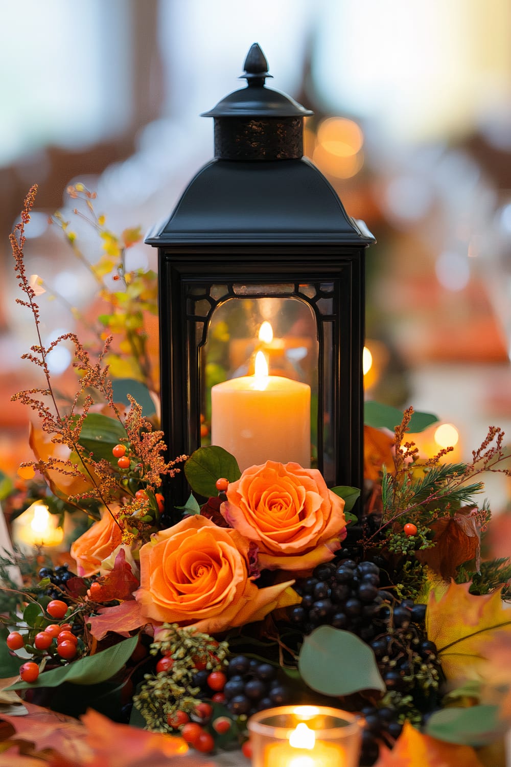 A close-up image of a decorative setup featuring a black lantern with a lit candle inside, surrounded by a vibrant floral arrangement. The flowers include vivid orange roses and various green leaves, accented by smaller orange and red berries. The background is softly blurred, giving a warm, glowing ambiance.