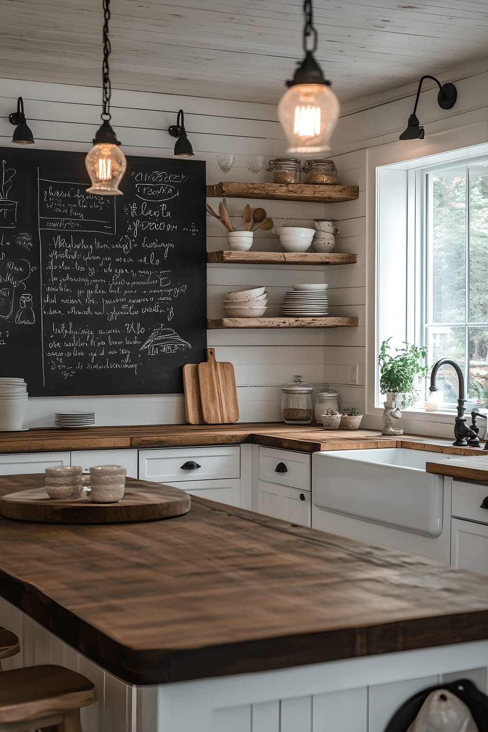 A Scandinavian farmhouse kitchen with white cabinetry, light wood countertops, and open shelving with stacked ceramic dishes. A large chalkboard displaying handwritten family recipes and doodles in black chalk hangs on the wall; a wooden kitchen island sits below, bathed in the glow of soft pendant lights. The farmhouse sink sits across the kitchen island, adding to the rustic charm of the room.