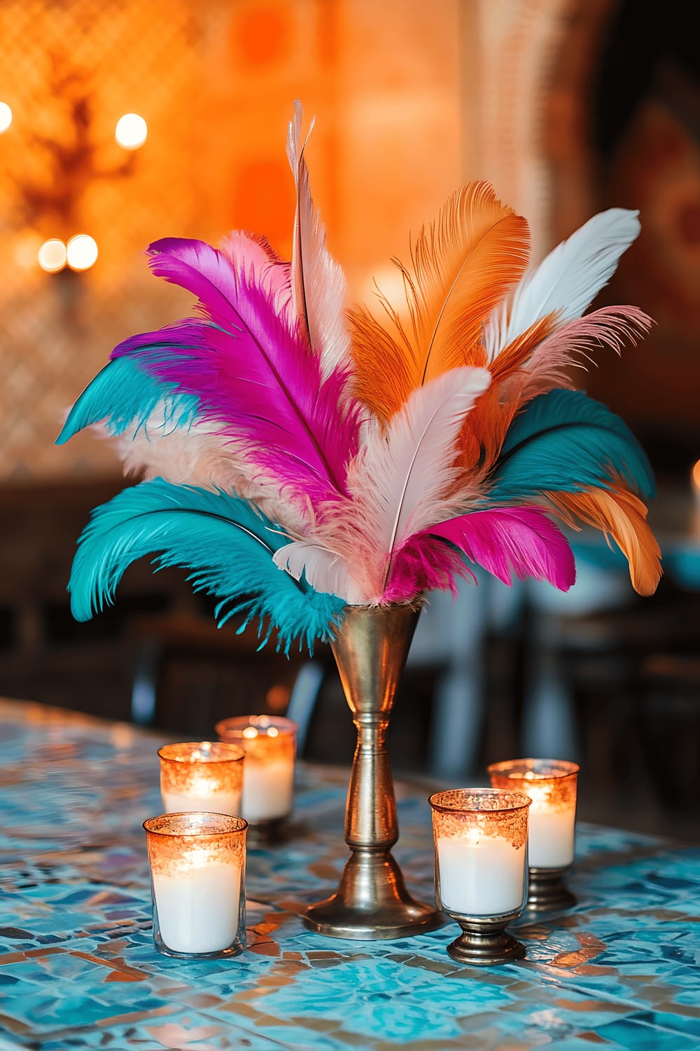 A Marrakech-inspired dining area with richly patterned tiles in blue and white. The centerpiece of the wooden dining table is a cluster of colorful bohemian feathers in shades of orange, pink, and teal, paired with small, white beeswax candles in rustic brass holders. A textured woven runner lines the table, accentuating the lively centerpiece without overwhelming the space.