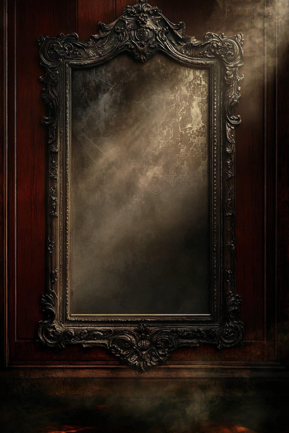 An ornate antique mirror with intricate details on its frame is set against a rich mahogany backdrop. The mirror reflects subtle, ghostly figures, creating an elegant and mysterious atmosphere. Dramatic lighting highlights the frame, while the surroundings are dark and subdued, adding to the eerie Halloween decor.