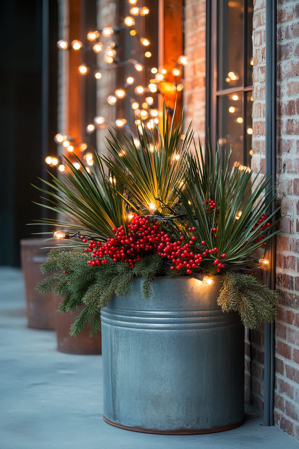 A large industrial galvanized metal drum planter is placed on an urban rooftop against exposed brick walls. The planter contains a structured arrangement of hardy Yucca plants, clusters of bright red berries, and green foliage. Edison string lights are wrapped around the greenery, casting a warm glow that contrasts with the cool natural light. The scene is decorated for a Christmas display with an urban and industrial aesthetic.