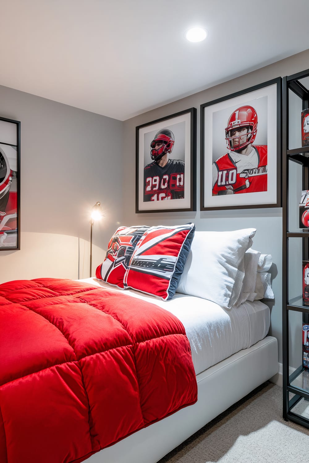 A bedroom with a white futon bed featuring a red sports-themed throw blanket and matching pillows. Above the bed are two framed sports posters of football players in red and black uniforms. A spotlight illuminates the bed. To the right of the bed is a black metal shelving unit displaying various items, including framed sports memorabilia. The room has light grey walls, providing a clean and tidy atmosphere.