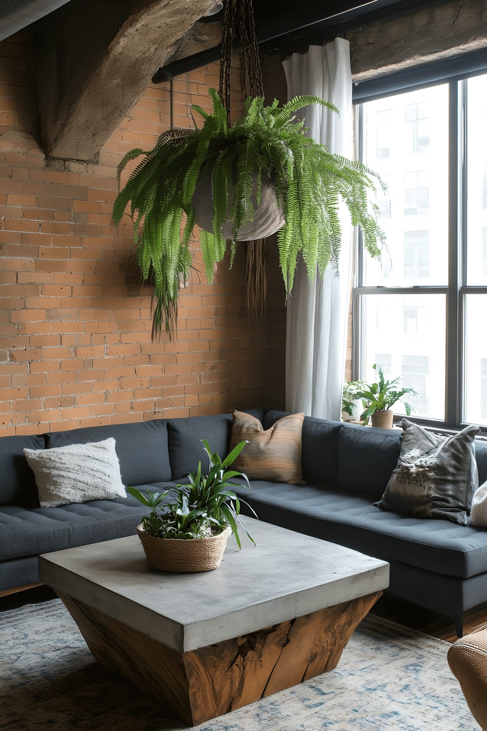 A compact living room showcasing a blend of industrial design and botanical elements. The room contains a charcoal gray sectional sofa, a concrete-top coffee table with a distressed wood base, hanging terrariums, potted ferns, and exposed brick walls for an industrial look. Natural light filters in from a corner window and is supplemented by a modern industrial pendant light overhead.