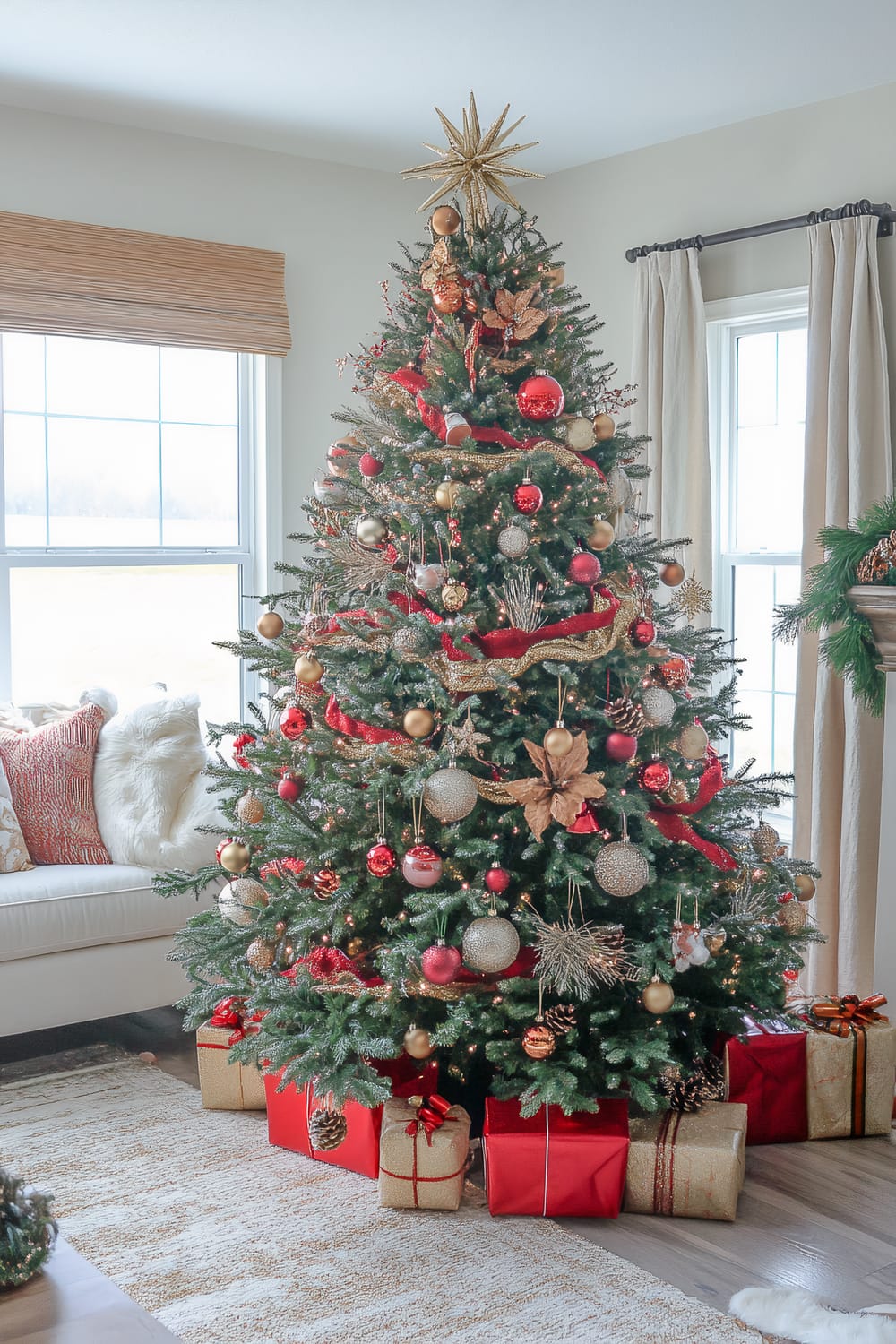 A beautifully decorated Christmas tree stands in a well-lit living room next to a large window with bamboo blinds and light beige curtains. The tree is adorned with red, gold, and silver ornaments, glittering ribbons, and topped with a gold star. Below the tree, a variety of red and gold-wrapped presents are neatly arranged. To the left, a white sofa with red-patterned and furry white throw pillows adds a touch of coziness. The floor features a beige, textured rug that complements the wooden flooring, and part of the mantel adorned with greenery can also be seen on the right side of the image.