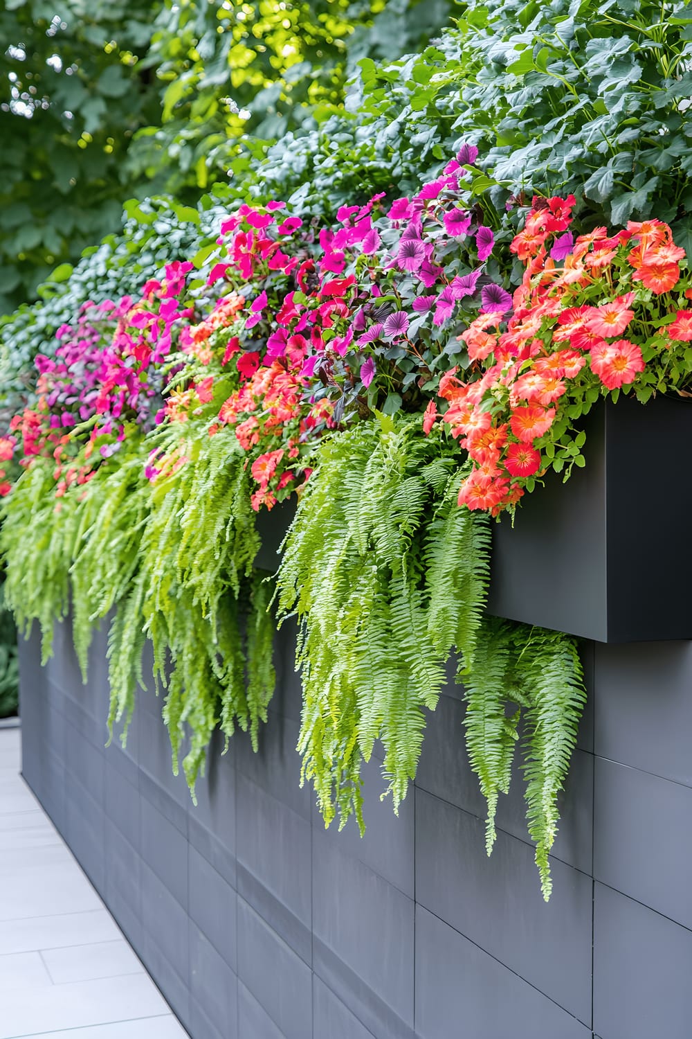 A modern garden wall featuring vertical planter boxes in matte black that are teeming with a blend of green ferns, trailing ivy, and colorful flowers like geraniums and petunias. The wall also incorporates integrated LED lighting for evening illumination.