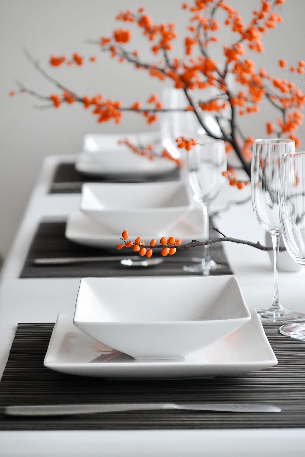 An elegant table setting featuring a Zen-inspired, monochromatic palette with vibrant orange accents. The table is adorned with white square dishware and glassware on dark placemats. Orange berries on branches serve as a minimalist centerpiece, adding a touch of color to the setup.