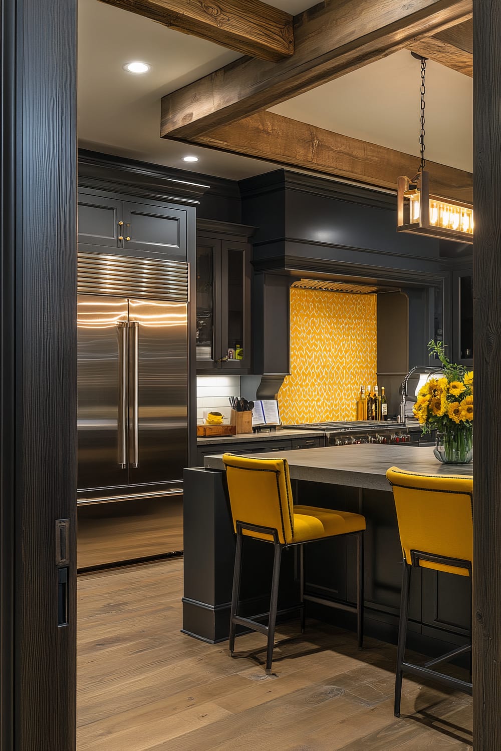 A sophisticated farmhouse kitchen is visible through a hallway doorway. The kitchen features charcoal grey cabinetry, bright mustard yellow accents in the bar stools and backsplash tiles, and stainless steel appliances. Wooden beams and concrete countertops add an industrial touch while a chandelier provides lighting.