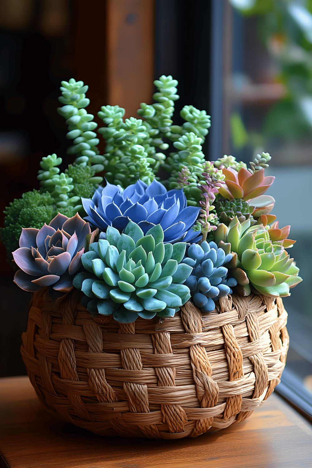 A variegated arrangement of succulent plants layered neatly within a shallow, woven wicker basket. The succulents display range of light and dark green shades with some displaying hints of red at their tips. The basket sits on a light, wooden floor that complements the natural hues of the plants.