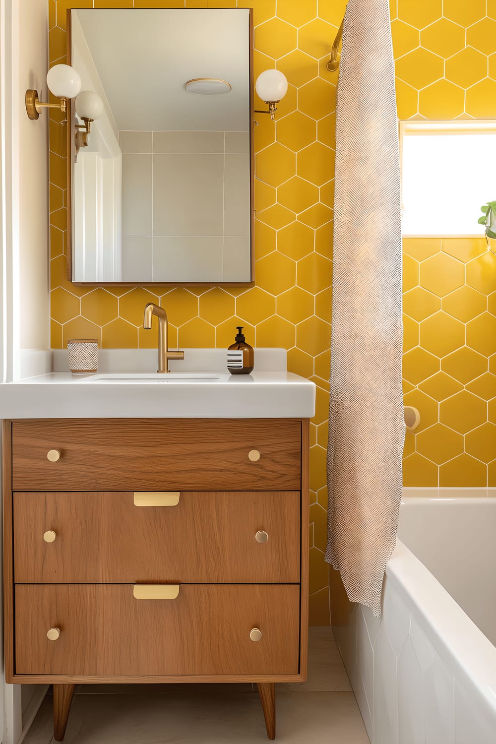 A mid-century inspired bathroom featuring honeycomb mustard-yellow tiles. There is a vintage-inspired white pedestal sink, a wooden vanity with round brass knobs, a retro wall-mounted soap dish, and a bold geometric shower curtain.